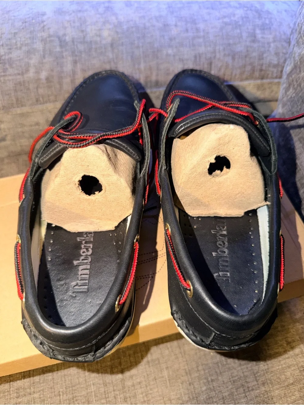 Timberland Classic 2-Eye Boat Shoes Black Leather Red Laces Men’s Size 8